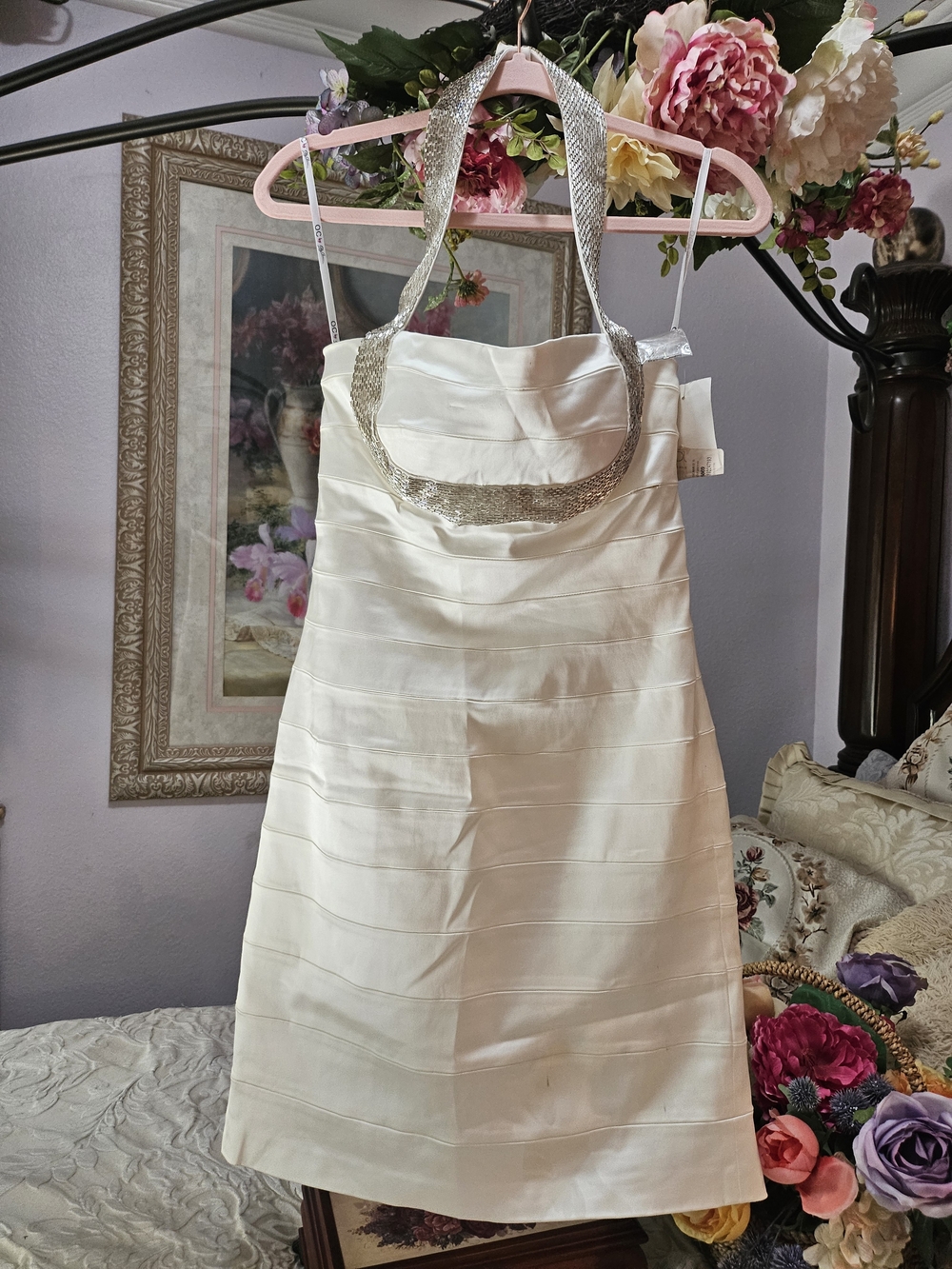 RARE Bridal Vintage Y2K Oleg Cassini Ivory Slip Dress with Silver Metallic Trim